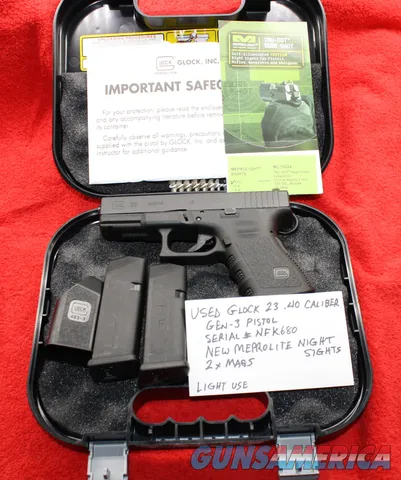 Used Glock 23 .40 Compact Pistol w NEW Night Sights, 2 x Mag(s) & Glock Box