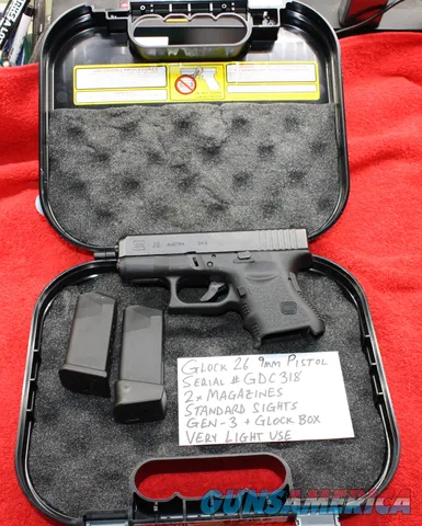 Glock 26 Gen-3 9mm Pistol, Light Use, Standard Sights, 2 Mags
