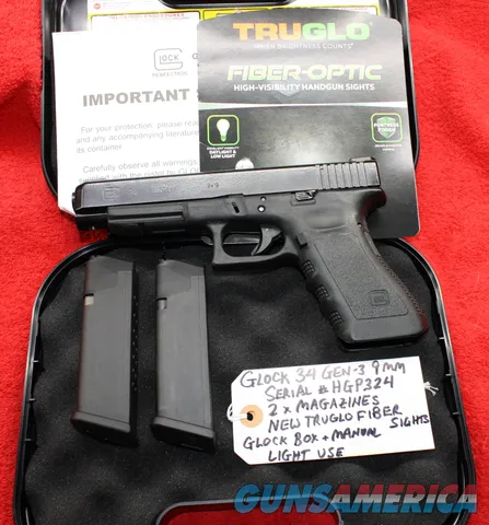 Used Glock 34 9mm Competition Pistol, 2-Mags, New Fiber Optic Sights