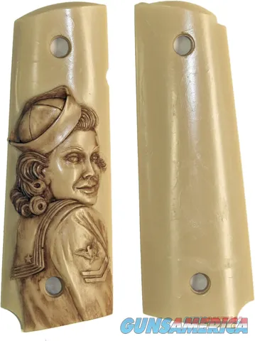 Colt 1911 Ivory-Like Grips With Antiqued Relief Carved Navy Girl