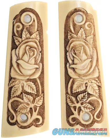 Colt 1911 Ivory-Like Grips, Antiqued Relief Carved Rose With Vine