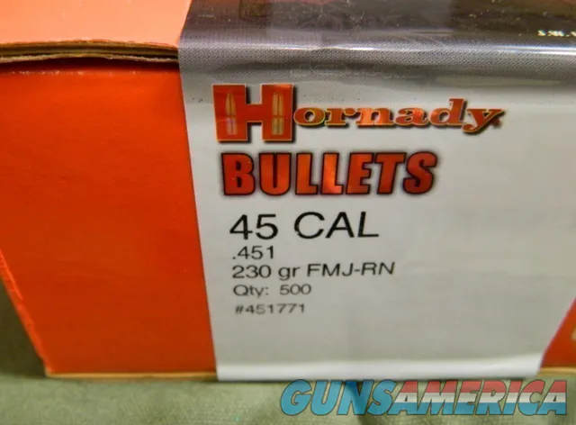Hornady 45 Caliber 230 grain FMJ RN bullets, 500 count box