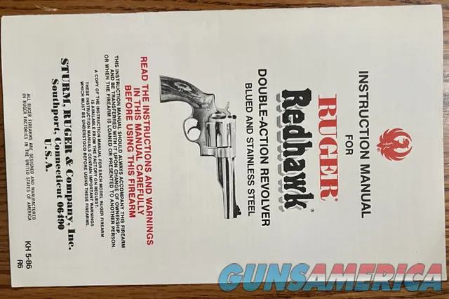 Ruger Redhawk Double-Action Revolver Instruction Manual KH 5-86