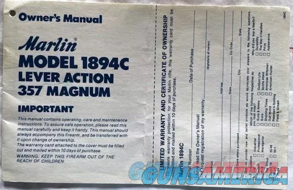 Marlin 1894C 357 Magnum Owners Manual from 1980's
