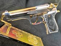 GORGEOUS Beretta 92 Custom 24k gold and bright stainless scrimshaw grips Img-1
