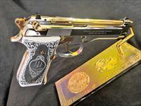 GORGEOUS Beretta 92 Custom 24k gold and bright stainless scrimshaw grips Img-4