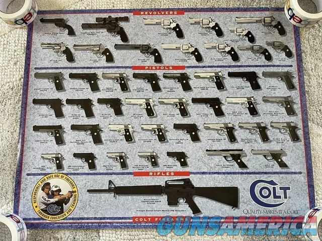COLT FIREARMS 1996 LARGE POSTER OF PISTOLS AND REVOLVERS, AND ONE RIFLE, 30