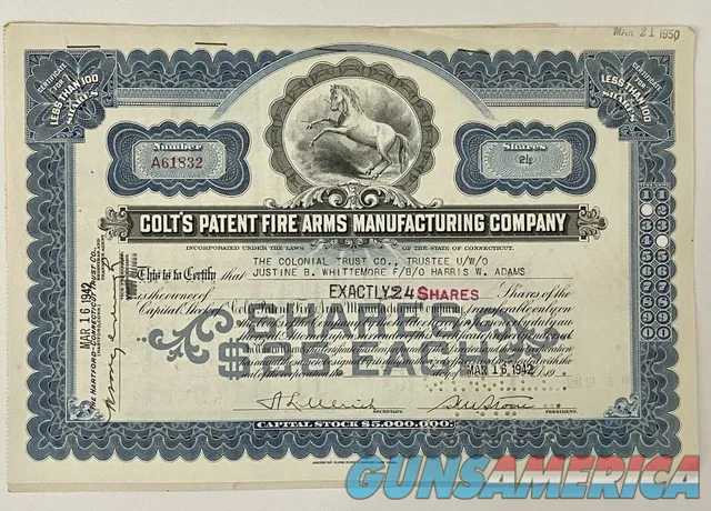 Colts Patent Fire Arms Blue Stock Certificates Dated 1931-1944 Img-1
