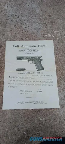 Colt 1911 Automatic Super .38 Specification Sheet Reproduction