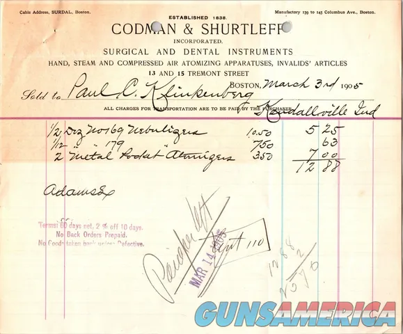 Codman & Shurtleff Boston MA 1905 Billhead Surgical & Dental Instruments