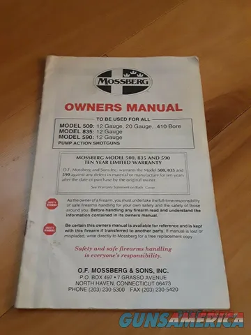 OEM Original Mossberg Models 500, 835 & 590 Pump Action Shotguns Owners Manual