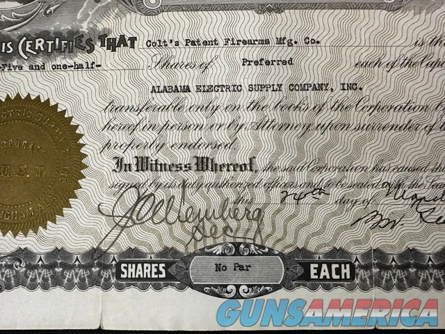 1930 ALABAMA ELECTRIC SUPPLY CO. Stock Issued to Colts Patent Firearms Img-4