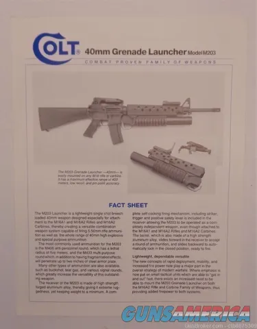Colt M203 40mm Grenade Launcher Fact Sheet Advertisement Specifications Fea