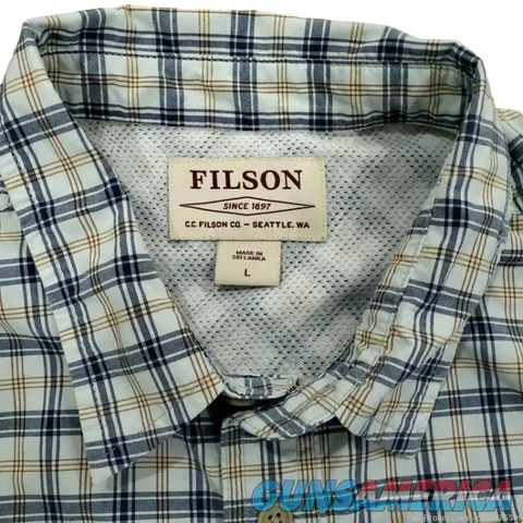 Men’s Filson Short Sleeve Button Up Shirt Large White Blue Yellow Plaid 