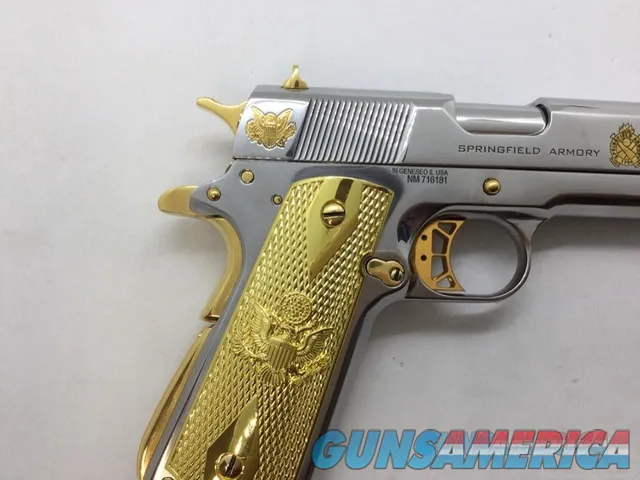 Springfield mil spec 45 ACP cusom with Trump 45 engraved bright nickel plated with 24 carat gold accent and all parts Img-4