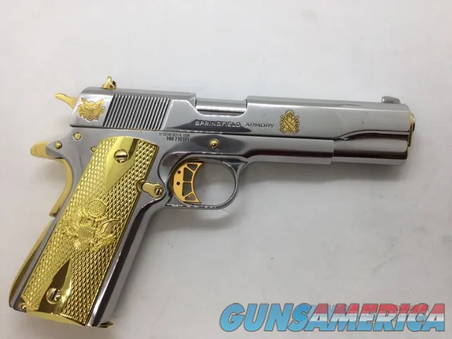 Springfield mil spec 45 ACP cusom with Trump 45 engraved bright nickel plated with 24 carat gold accent and all parts Img-5