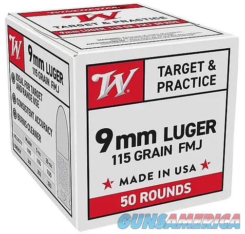 Winchester Ammo W9MM50 9mm Luger 115 gr Full Metal Jacket 50 Per Box