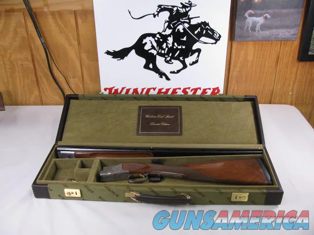 7827   Winchester 101 QUAIL SPECIAL 410 gauge 26 barrels mod/full, AS NEW IN CORRECT Case, AAA++Fancy FEATHERCROTCH WALNUT, vent rib, ejectors, Winchester pad, 99.9% condition. bird dog and 4 quail coin silver engraved receiver. none finer  Img-1