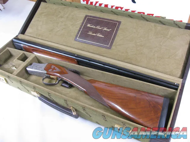7827   Winchester 101 QUAIL SPECIAL 410 gauge 26 barrels mod/full, AS NEW IN CORRECT Case, AAA++Fancy FEATHERCROTCH WALNUT, vent rib, ejectors, Winchester pad, 99.9% condition. bird dog and 4 quail coin silver engraved receiver. none finer  Img-2