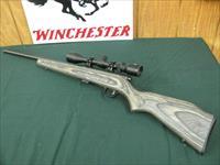 7352 Savage Mark II 22 long rifle, grey laminate stock, 3x9x45 Bushnell scope, 99.9% condition, medium weight barrel, not a mark on it. dont miss this great combo Img-1