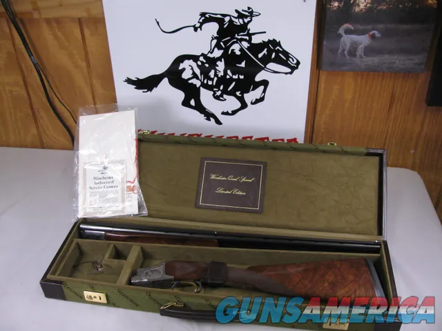 7826 Winchester 101 QUAIL SPECIAL 410 gauge 26 barrels mod/full, AS NEW IN CORRECT Case, With paperwork, AAA++Fancy FEATHERCROTCH WALNUT, vent rib, ejectors, Winchester pad, 99.9% condition. bird dog and 4 quail coin silver engraved receive Img-1