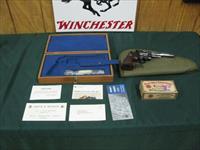 7105 Smith Wesson 25-5 45 LONG COLT 6 inch barrel,square N frame wide serrated target trigger,wide hammer,red ramp site,adjustable rear,Goncalo target grips/medallions,mfg 1979, wood presentation box and tools, all papers, box of ammo from  Img-1