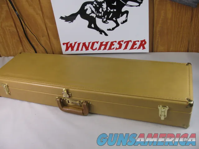 8813  Winchester yellow Naugahyde case, 99% condition, brass plate engraved 