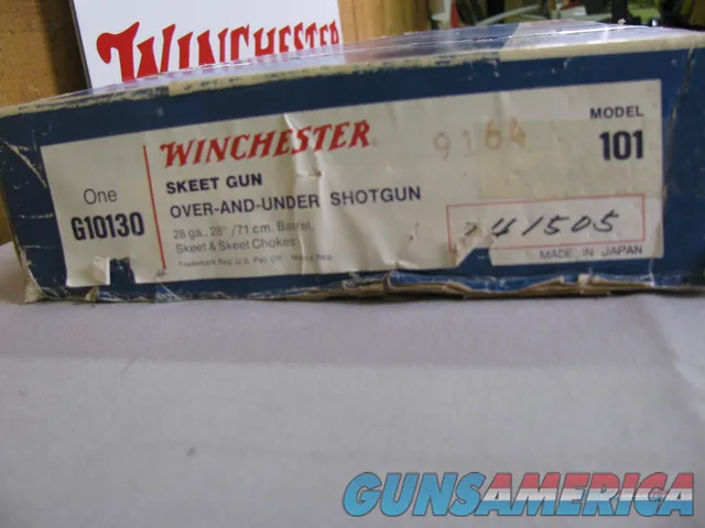 7725 Winchester 101 field skeet 28 gauge 28 inch barrels sk/sk 98+ % condition, WINCHESTER BROCHURE, CORRECT WINCHESTER SERIALIZED BOX TO GUN, pistol grip with cap, vent rib, ejectors, Winchester butt plate, all original, 2 brass bead, hard Img-2
