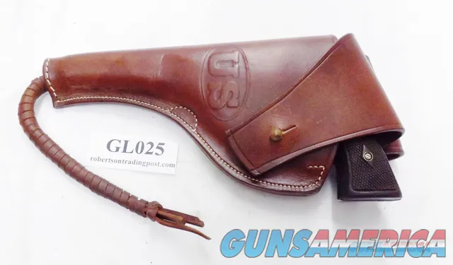 US GI type Holster WWI Repro 1917 Butt Forward Regulation Carry but Left Hand style Revolver 5 inch Half Flap and Stud closure Heavy Duty Brown Leather Belt Slot Carry Accommates 4 inch Medium and Large Revolvers 