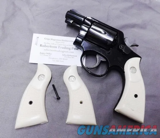 S&W Model 12 Square Butt Imitation Ivory Revolver Grips fit Smith & Wesson model 12 Only, fitted, with Medallions Magna Small Service Type Checkered with Screw & escutcheon