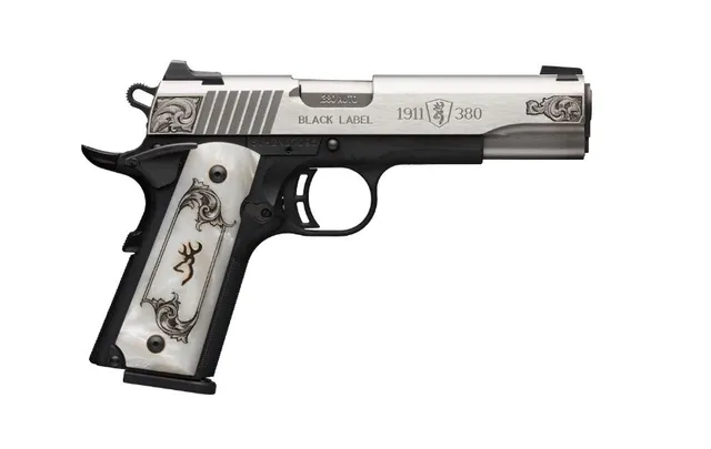 Browning BG 1911-380 MED. S/S ENGRAVED .380ACP FS 4.25" WHITE PEARL