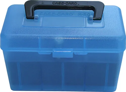 MTM MTM DELUXE AMMO BOX 50-ROUNDS RIFLE 7MM RM TO 300 WM CLR BLU
