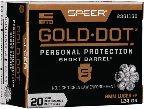 Speer Ammo SPEER AMMO GOLD DOT SHORT BBL. 9MM LUGER+P 124GR. GDHP 20-PK.