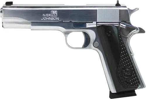 Iver Johnson Firearms IVER JOHNSON 1911A1 .45ACP 5" FS 8RD CHROME BLACK WOOD GRIPS