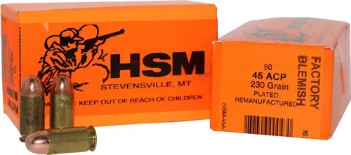 HSM HSM AMMO RMFG .45ACP 230GR. PLATED LEAD ROUND NOSE 50-PACK